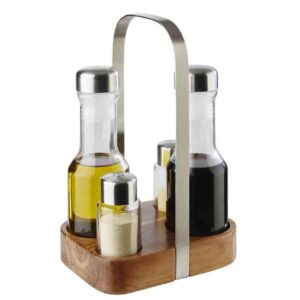 WOOD-MENAGES OLIO-ACETO-SALE-PEPE INOX CON BASE IN LEGNO CM.15,5X12 H.24,5  40437 - immagine 1