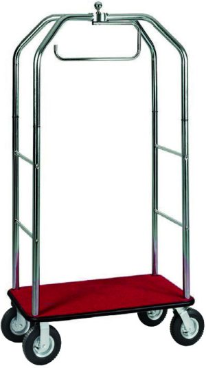 CARRELLO PORTAVALIGIE C/APPENDIABITI ROSSO + STRUTTURA CROMATA