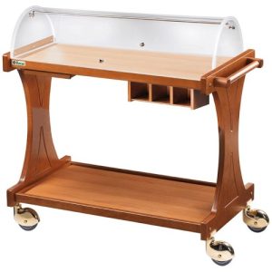 CARRELLO LEGNO 2 PIANI C/CUPOLA SEMICIRCOLARE + PIANETTO REGGIPIATTO + CASSETTO PORTAPOSATE - NOCE