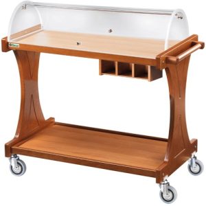 CARRELLO LEGNO 2 PIANI C/CUPOLA SEMICIRCOLARE + PIANETTO REGGIPIATTO + CASSETTO PORTAPOSATE - NOCE