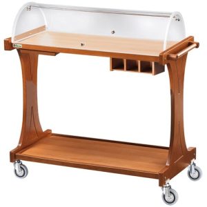 CARRELLO LEGNO 2 PIANI C/CUPOLA SEMICIRCOLARE + PIANETTO REGGIPIATTO + CASSETTO PORTAPOSATE - NOCE