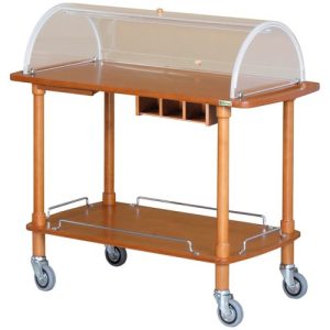 CARRELLO LEGNO 2 PIANI C/CUPOLA SEMICIRCOLARE + PIANETTO REGGIPIATTO + CASSETTO PORTAPOSATE - NOCE