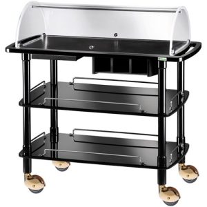 CARRELLO LEGNO 3 PIANI C/CUPOLA SEMICIRCOLARE NERO + PIANETTO REGGIPIATTO + CASSETTO PORTAPOSATE