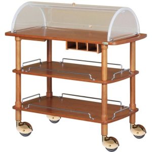 CARRELLO LEGNO 3 PIANI C/CUPOLA SEMICIRCOLARE + PIANETTO REGGIPIATTO + CASSETTO PORTAPOSATE NOCE