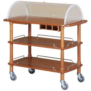 CARRELLO LEGNO 3 PIANI C/CUPOLA SEMICIRCOLARE + PIANETTO REGGIPIATTO + CASSETTO PORTAPOSATE NOCE