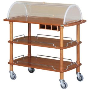 CARRELLO LEGNO 3 PIANI C/CUPOLA SEMICIRCOLARE + CASSETTO PORTAPOSATE NOCE