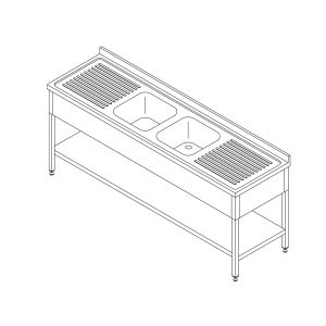 Tavolo per Lavastoviglie - 190 x 70cm - con 2 Lavello e Schienale - incl. Ripiano di Stoccaggio